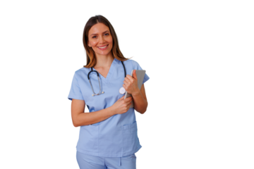 Female nurse in scrubs holding digital tablet and smiling, providing healthcare support with stethoscope on transparent background