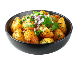 Roasted potatoes with onions & herbs in a black bowl