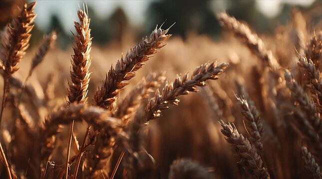 Warm golden wheat grain field agriculture farm harvest scene, ripe cereal grain spikelet closeup glowing in rural summer sunset light, seamless loop of golden cereal crop ear nature background