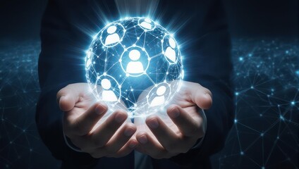 Hands holding glowing sphere of connected people, social network concept.