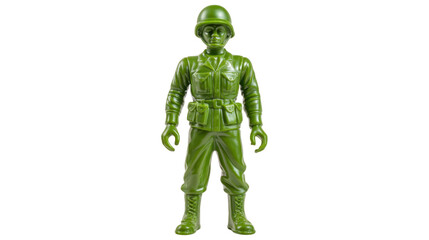 Fototapeta premium Green plastic toy soldier figurine standing, representing childhood memories, games, and military themes