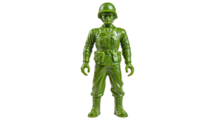 Green plastic toy soldier figurine standing, representing childhood memories, games, and military themes