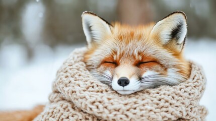 Serene Red Fox Napping Warmly in Hand-Knitted Scarf on Snowy Day