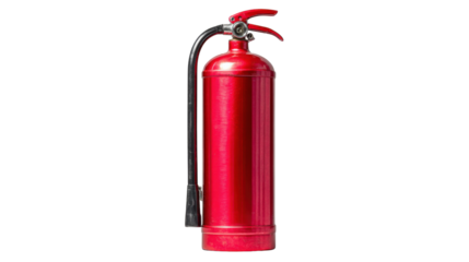 Portable red fire extinguisher with metal handle and squeeze grip, ready for emergency use on transparent background