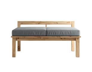Light wood bench, two grey cushions, minimalist design