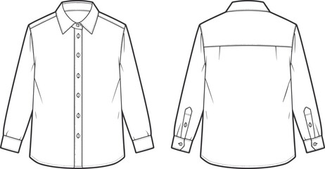 Men long sleeve shirt technical drawing, front back view, apparel CAD flat sketch vector illustration, button cuff formal shirt design © Vector's World