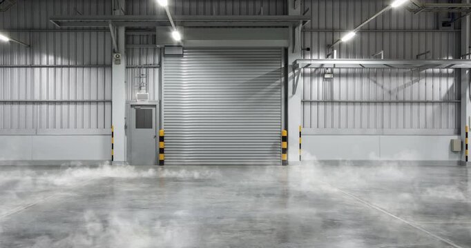 Modern industrial warehouse interior in perspective view, large metal roller shutter door and bright lighting. Soft fog drifts across clean concrete floor, ideal for industrial backgrounds.