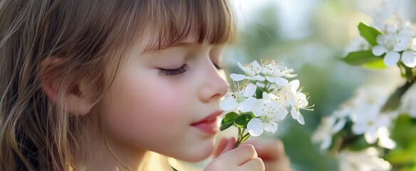 Serene Young Girl Inhaling Fragrance of Delicate White Blossoms in Soft Sunlight