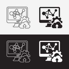 Data Science and Network Analytics Logo featuring Computer Monitor with Cloud Upload and Gear Icon for Tech Infrastructure