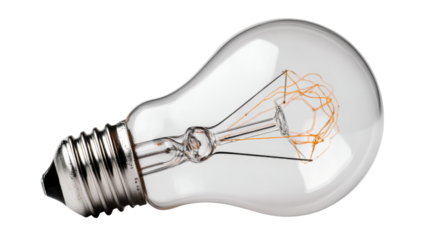Incandescent light bulb with complex filament on transparent background representing ideas, innovation, and creativity