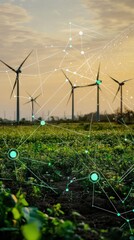 Smart Wind Farm: Digital Network Overlay on Green Fields at Golden Hour Sunset