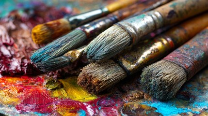 Fototapeta premium Close-up of paintbrushes atop a vibrant palette, showcasing textures and hues, conveying artistic creation and vibrant artistry