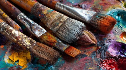 Fototapeta premium Several paintbrushes, stained with vibrant colors, rest atop a messy palette of mixed hues, suggesting artistic activity