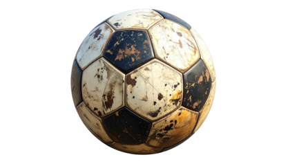 Weathered soccer ball, black/white panels, dirt covered