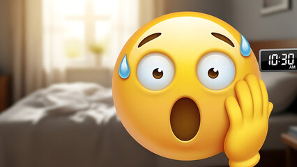Sweating worried emoji face with hand on cheek looking at alarm clock in bedroom