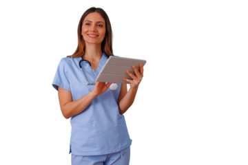 Female healthcare professional in blue scrubs using tablet, providing medical care, with transparent background