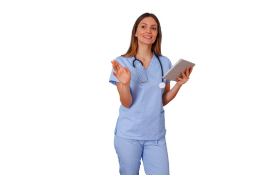 Female nurse holding digital tablet, gesturing, smiling, wearing scrubs and stethoscope, medical professional on transparent background - Powered by Adobe