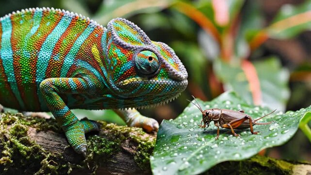Colorful chameleon observing a small insect on a vibrant green leaf in nature.