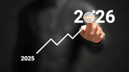 Obraz premium 2025 to 2026 Business Growth Data Analysis with Graph. Performance Review, Growth Insights, Strategic Planning, Market Trends, Goal Tracking and Global Success. Businessman achieving 2026 Targets. 3D
