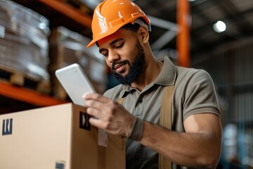 In a busy warehouse, a worker in an orange safety helmet scans a QR code on a shipping box with a smartphone. This activity enhances tracking and organization of shipments