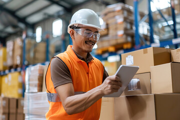 A worker in an orange vest and safety gear scans QR codes on shipping boxes using a tablet in a fast-paced warehouse setting filled with inventory