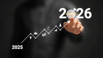 Naklejka premium Roadmap for 2026 Success, Business Growth Plans, Strategic Milestones, Marketing Targets, Performance Tracking, Clear Goals, Achievements.Businessman Touching Step by Step Roadmap on Virtual Screen.3D