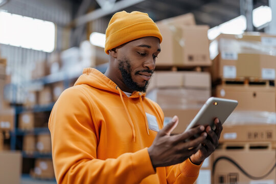 In a bright warehouse, a man in an orange hoodie and beanie scans QR codes on shipping boxes using a tablet. He is focused on the task, showcasing the integration of technology in logistics - Powered by Adobe