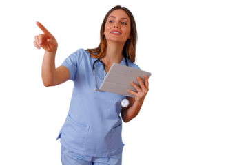 Female healthcare professional in scrubs holding digital tablet and pointing at virtual screen with transparent background