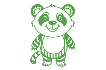 Naklejka premium Cute panda bear outlined in green stands smiling wearing pinstriped overalls happily