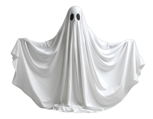A classic ghost, white sheet draped over form, oval eye holes, floating over black background