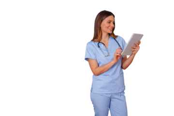 Medical professional wearing scrubs using digital tablet, smiling, holding device, healthcare technology and digital medicine