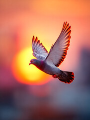 Obraz premium Majestic Pigeon Soaring Through the Sky Against a Vibrant Sunset Background with Illuminated Wings