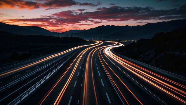 Highway night long exposure traffic light trails mountains sunset sunrise landscape winding road motion dramatic sky orange pink vista automotive generative AI - Powered by Adobe