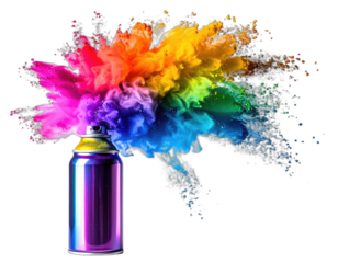 A metallic aerosol can erupts a vibrant cloud of colorful powder in rainbow hues against black