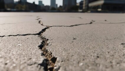 Close-up view of a cracked asphalt surface with city backdrop.