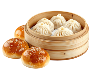 Steamed dumplings & buns in bamboo steamer, yum