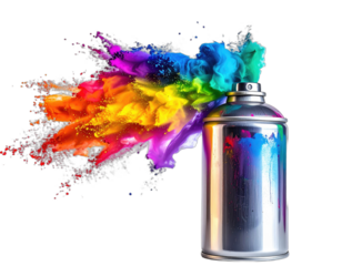 A chrome spray can releasing a vibrant explosion of colorful pigments against a black backdrop