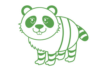 Naklejka premium Playful panda with green stripes stands facing forward in a simple outlined vector