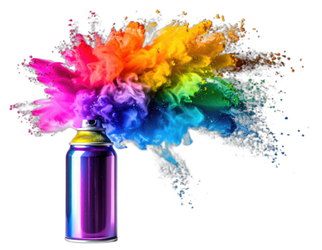 A metallic aerosol can erupts a vibrant cloud of colorful powder in rainbow hues against black - Powered by Adobe