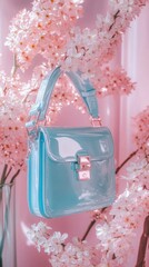 Vibrant Aqua Patent Handbag Nestled Among Soft Pink Cherry Blossoms