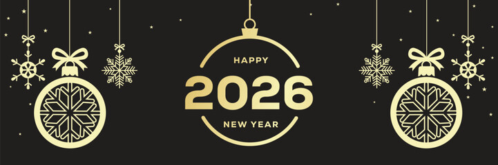 Elegant Happy New Year 2026 banner with golden baubles, snowflakes and hanging stars on a black background, luxury festive holiday illustration ideal for seasonal greetings, web headers and event invi © bibin