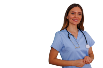 Female healthcare worker in blue scrubs uniform with stethoscope, smiling, looking at camera with friendly expression, transparent background