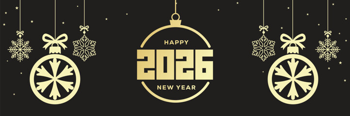 Elegant Happy New Year 2026 banner with golden baubles, snowflakes and hanging stars on a black background, luxury festive holiday illustration ideal for seasonal greetings, web headers and event invi © bibin