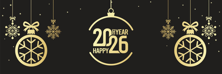 Elegant Happy New Year 2026 banner with golden baubles, snowflakes and hanging stars on a black background, luxury festive holiday illustration ideal for seasonal greetings, web headers and event invi © bibin