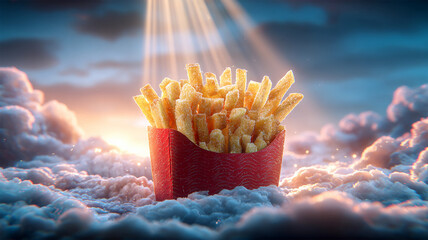 Delicious potato fries in heavenly cloud and god rays. Golden French Fries in Paper Container with Crumbs in heaven. Fast food snack