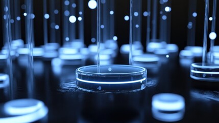 Vibrant Blue Liquid Stream Illuminating Futuristic Glass Petri Dish in Dark, High-Tech Lab Setting