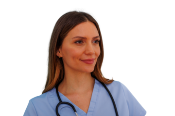 Young nurse or doctor in blue scrubs with a stethoscope, looking confident and smiling. Transparent background