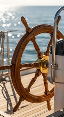 Wooden Ships Wheel on a Sunny Day at Sea, Guiding the Vessel Through Sparkling Waters.