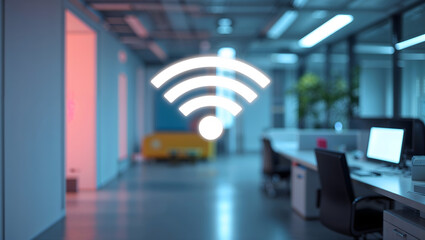 Modern office Wi-Fi 7 WLAN screen signal technology internet connectivity professional furniture futuristic network cinematic electronic digital communication high-tech business generative AI