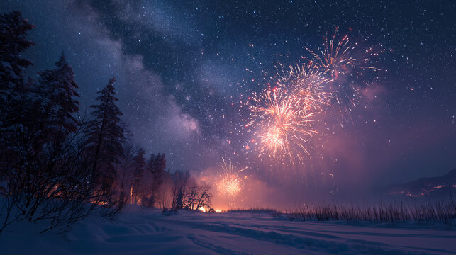 Winter night sky illuminated by fireworks - Powered by Adobe